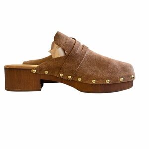 Avelino Brown Suede Clogs with Gold Accents Size 39/8